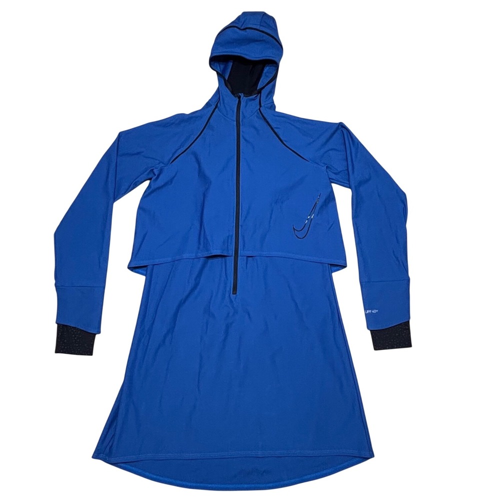 Nike Women Victory Full-Coverage Swim Tunic Small Blue Hooded UPF 40+ Modest